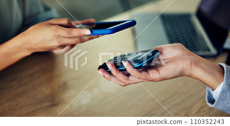 Banking, buying and paying with phone by scanning chip on checkout, wireless and ecommerce machine. Closeup hands of business women purchasing, transacting with digital money and investing in credit 110352243