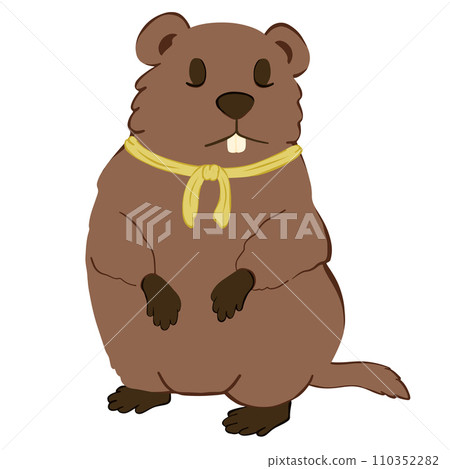 Cute groundhog cartoon tying a yellow scarf, happy groundhog day. Vector illustration 110352282