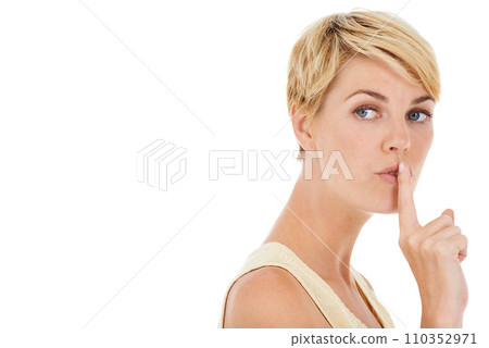 Woman, secret and finger on lips for gossip or confidential information on a white studio background. Face of female person, model or blonde in silence for quiet, whisper or shush on mockup space 110352971