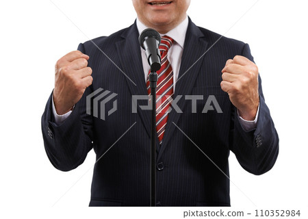 Microphone, speaker and hands of business man on a white background for presentation, speech and seminar. Debate, public speaking and politician for conference, convention and talking in studio 110352984