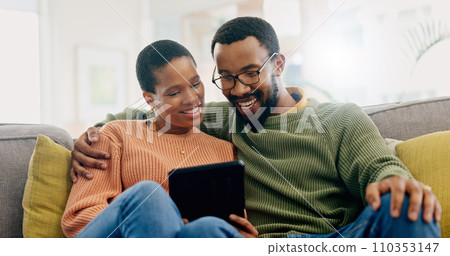 Happy, home tablet and relax black couple reading, smile or watch social media video, blog or relationship news. Happiness, lounge sofa and African man, woman or marriage people check online website Happy, home tablet and relax black couple reading, smile or watch social media video, blog or relationship news. Happiness, lounge sofa and African man, woman or marriage people check online website 110353147
