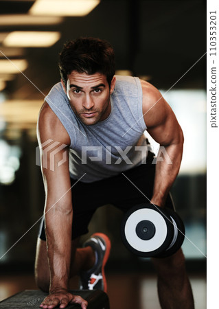 Portrait, dumbbells and man with fitness, wellness and healthy with performance, workout and practice. Face, person and guy with gym equipment, muscle and energy with training, sweaty and bodybuilder 110353201