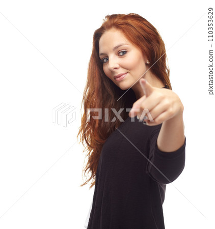 Fashion, woman and portrait with pointing at you in studio and confidence, good mood and motivation on mock up space. Young person, model and face with smile or selection on white background with joy Fashion, woman and portrait with pointing at you in studio and confidence, good mood and motivation on mock up space. Young person, model and face with smile or selection on white background with joy 110353629