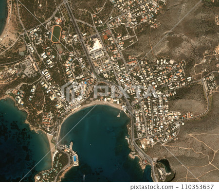 Ocean, buildings and top view of earth map with nature, water and residential landscapes. Globe, land and aerial of sea with field and houses from aerospace satellite for environment development. Ocean, buildings and top view of earth map with nature, water and residential landscapes. Globe, land and aerial of sea with field and houses from aerospace satellite for environment development. 110353637