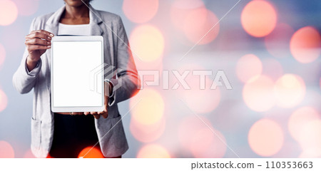 Closeup, woman and business with mockup, tablet and promotion with banner, bokeh and connection. Person, employee or consultant with tech, overlay and digital app with internet and email notification Closeup, woman and business with mockup, tablet and promotion with banner, bokeh and connection. Person, employee or consultant with tech, overlay and digital app with internet and email notification 110353663