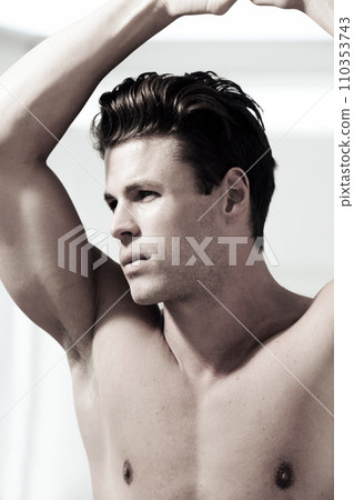 Bodybuilder, thinking and shirtless portrait of man with fitness, health and planning goals. Body, arms and chest of topless model with muscle from exercise, sports or training in home, gym or mockup Bodybuilder, thinking and shirtless portrait of man with fitness, health and planning goals. Body, arms and chest of topless model with muscle from exercise, sports or training in home, gym or mockup 110353743
