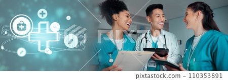 Teamwork, meeting and doctors on tablet in hospital for research, diagnosis advice and telehealth. Healthcare, documents and people talking on digital tech for medical service, results and consulting Teamwork, meeting and doctors on tablet in hospital for research, diagnosis advice and telehealth. Healthcare, documents and people talking on digital tech for medical service, results and consulting 110353891