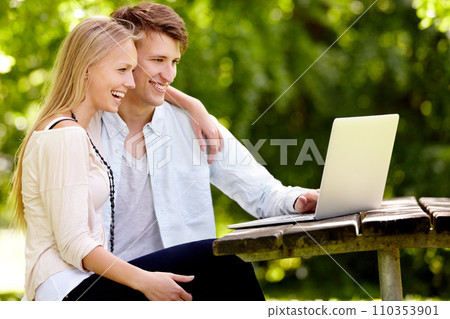 Park, laptop and relax couple happy for online movie, social network or funny video in nature, garden or romantic date. Happiness, wellness and spring man, woman or marriage people streaming media Park, laptop and relax couple happy for online movie, social network or funny video in nature, garden or romantic date. Happiness, wellness and spring man, woman or marriage people streaming media 110353901