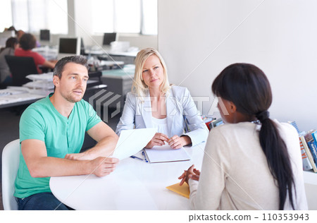 Business people, job interview and paper for startup career and manager in meeting at tech company. Professional clients or employer with documents, resume or CV for information technology onboarding Business people, job interview and paper for startup career and manager in meeting at tech company. Professional clients or employer with documents, resume or CV for information technology onboarding 110353943
