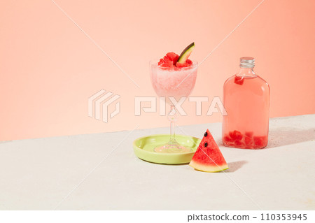 A watermelon smoothie, fresh watermelon slices and a transparent bottle of detox water on a pastel background. Empty space for text design. Advertising. A watermelon smoothie, fresh watermelon slices and a transparent bottle of detox water on a pastel background. Empty space for text design. Advertising. 110353945
