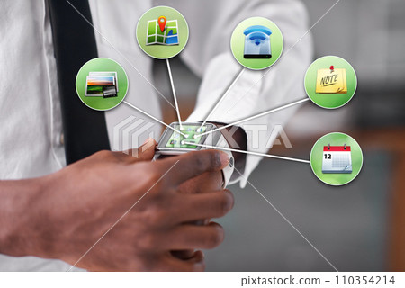 It has everything I need. Cropped view of a man wearing a smartwatch projecting system icons - All screen content is designed by us and not copyrighted by others. 110354214