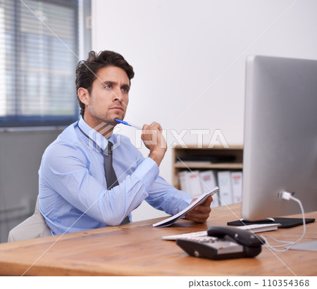 Business man, thinking and writing in notebook, contemplating ideas and notes in workplace. Male professional, planning and agenda for schedule or strategy, company journal and solution or info Business man, thinking and writing in notebook, contemplating ideas and notes in workplace. Male professional, planning and agenda for schedule or strategy, company journal and solution or info 110354368