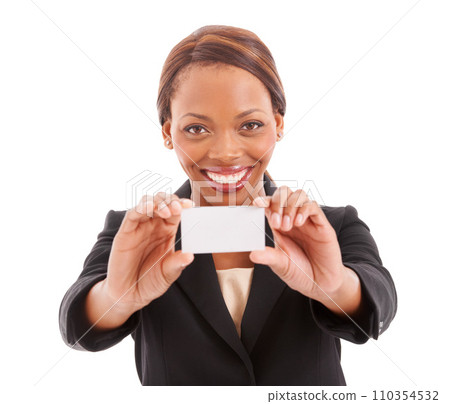 Business card, space and woman in portrait with mockup, HR offer or career advertising in studio. Happy african worker or employee for presentation or contact information on a white background 110354532
