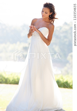 Ring, nature or portrait of bride in wedding in outdoor celebration, summer or ceremony event. Marriage dress, elegant style or lady in bridal garment for beauty, love or fashion in park or garden 110354635
