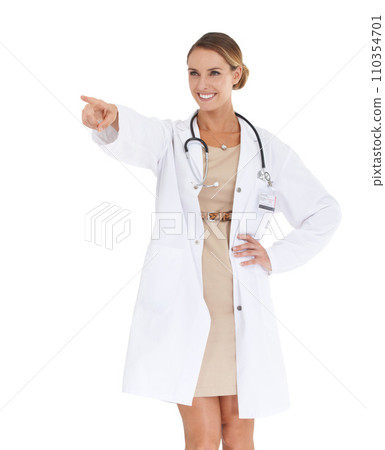 Happy woman, studio or doctor pointing at mockup space isolated on white background with smile. Wellness, advertising or nurse showing medical healthcare information, or advice Happy woman, studio or doctor pointing at mockup space isolated on white background with smile. Wellness, advertising or nurse showing medical healthcare information, or advice 110354701
