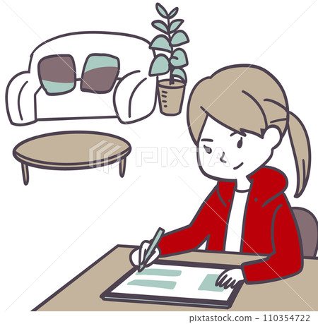 A woman studying in the living/dining room 110354722