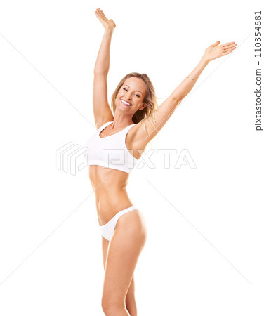 Portrait, stretching and woman with underwear, body and fitness isolated on a white studio background. Person, girl and model with happiness, bikini and health with a smile, mockup space and energy 110354881