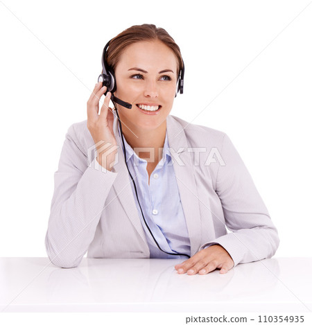 Call center, thinking or happy woman in studio for communication in customer service. White background, virtual assistant or female sales agent listening with microphone to help in tech support Call center, thinking or happy woman in studio for communication in customer service. White background, virtual assistant or female sales agent listening with microphone to help in tech support 110354935