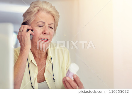 Healthcare, senior woman on call with prescription and from her home. Medication or medicine for health wellness, communication and mockup space with elderly female with pills or her cellphone 110355022