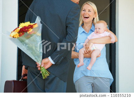 Husband, wife and flowers for surprise, excited and happiness with baby, love and appreciation. Bouquet, romance and good news for marriage, relationship and announcement with romantic partner 110355210