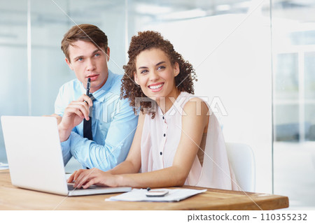 Laptop, conversation and business people in collaboration in the office doing research for legal information. Professional, technology and team of lawyers in discussion with computer in workplace. 110355232