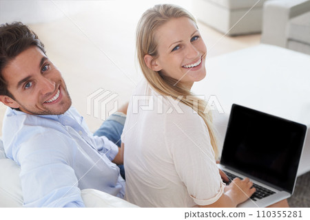 Portrait of happy couple, laptop or mockup for home planning, research or typing online. Information, back and people screen for advertising space or marketing for website sign up or registration Portrait of happy couple, laptop or mockup for home planning, research or typing online. Information, back and people screen for advertising space or marketing for website sign up or registration 110355281