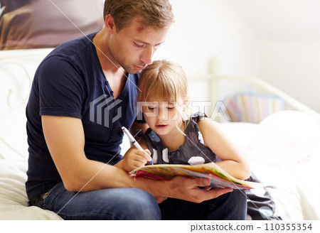 Family, father and daughter with homework for helping, bonding and learning for education in bedroom of home. People, man and girl child with homeschooling, writing in book and care on bed of house Family, father and daughter with homework for helping, bonding and learning for education in bedroom of home. People, man and girl child with homeschooling, writing in book and care on bed of house 110355354