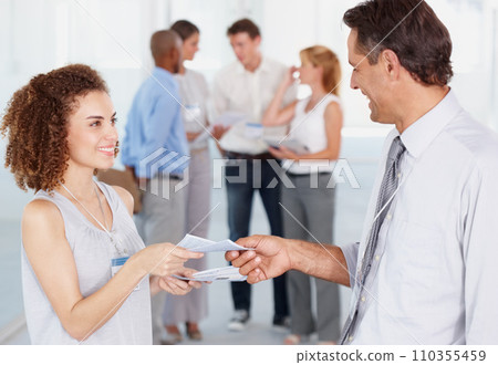Business people, team and secretary giving paper to man for information in startup office, seminar or convention. Happy professional, documents and conference, workshop meeting or creative training 110355459