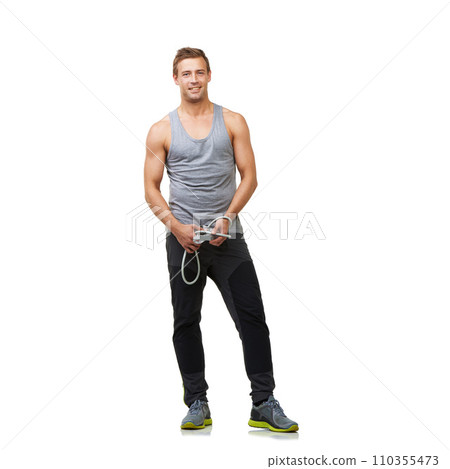Strong, portrait and man by resistance band in studio, gym mockup and training for workout. Person, face and happy to exercise by muscle growth, equipment and stretching in health on white background Strong, portrait and man by resistance band in studio, gym mockup and training for workout. Person, face and happy to exercise by muscle growth, equipment and stretching in health on white background 110355473