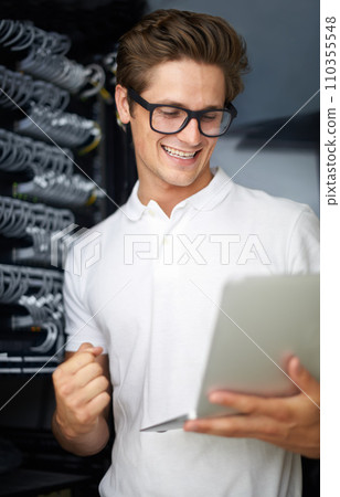 Server room, information technology and man with laptop, connection or cheers at night job. Cybersecurity system, it network or person for fist celebration, database or storage with cable for success 110355548