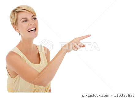 Happy woman, pointing and mockup space for advertising in marketing on a white studio background. Casual young female person, model or blonde smile showing notification, alert or special offer Happy woman, pointing and mockup space for advertising in marketing on a white studio background. Casual young female person, model or blonde smile showing notification, alert or special offer 110355655