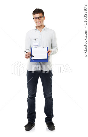 Clipboard, sign up and portrait of man with document, report or technician with checklist in white background. Studio, technical support and geek smile with pen for signature, logistics or paper Clipboard, sign up and portrait of man with document, report or technician with checklist in white background. Studio, technical support and geek smile with pen for signature, logistics or paper 110355978