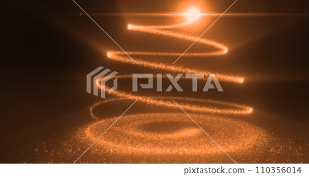 Abstract yellow orange flying line of dots and luminous particles of energetic magical bright spirals in the shape of a Christmas New Year tree 110356014