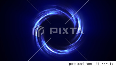 Looped twirl circle of stripes and lines of bright blue beautiful magical energy glowing neon, round frame. Abstract background 110356015