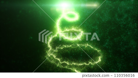 Green bright glowing festive Christmas New Year tree, Christmas tree made of energy abstract particles background 110356016
