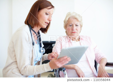 I have some concerns regarding your test results. Mature nurse explains the outcome of her elderly patients medical tests. 110356044