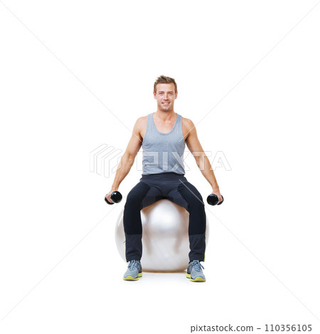 Happy man, ball or portrait on studio space for dumbbell workout performance, wellness or white background. Strong male athlete, training equipment or fitness weights for mockup, exercise or balance 110356105