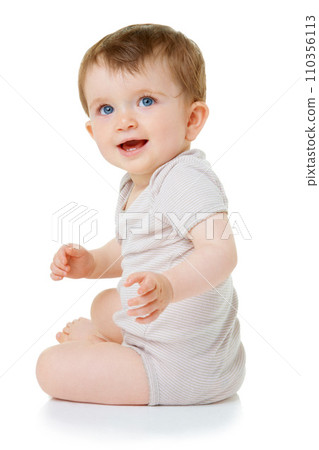 Cute, youth and smile with baby on floor of studio for curious, child development and learning. Explore, happy and young with infant crawling in white background for toddler, innocence and health Cute, youth and smile with baby on floor of studio for curious, child development and learning. Explore, happy and young with infant crawling in white background for toddler, innocence and health 110356113