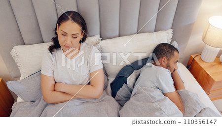 Frustrated couple, ignore and bed in breakup, fight or conflict from disagreement, argument or divorce at home. Man and woman in cheating affair, toxic relationship or mistake above in bedroom drama 110356147