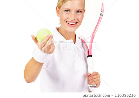 Portrait, woman and ball with tennis racket in studio for sports, competition and contest isolated on mockup white background. Happy professional athlete with bat for skill, performance and practice Portrait, woman and ball with tennis racket in studio for sports, competition and contest isolated on mockup white background. Happy professional athlete with bat for skill, performance and practice 110356236