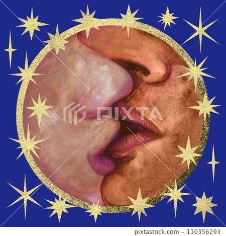 Watercolor illustration of a kiss of a couple in love with the outline of the Moon for Valentine's Day, wedding, engagement, sticker, template, picture, interior sticker, label, postcard Watercolor illustration of a kiss of a couple in love with the outline of the Moon for Valentine's Day, wedding, engagement, sticker, template, picture, interior sticker, label, postcard 110356293