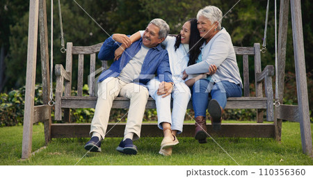 Senior parents, hug or woman on bench with laughing, nature or bonding with goofy on retirement. Mature man, mother or older daughter for together in comic joke, lounge or embrace for love in garden Senior parents, hug or woman on bench with laughing, nature or bonding with goofy on retirement. Mature man, mother or older daughter for together in comic joke, lounge or embrace for love in garden 110356360