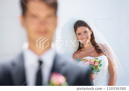 Woman, bride and smile in portrait, outside and commitment for marriage, positive and elegant. Female person, face and outdoor wedding, love and romance for relationship, wife and joy for event Woman, bride and smile in portrait, outside and commitment for marriage, positive and elegant. Female person, face and outdoor wedding, love and romance for relationship, wife and joy for event 110356380