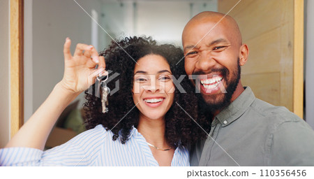 Couple, portrait and keys at front door, new home and excited with pride, care and bonding. African woman, man and happy together with embrace, love and investment with property, real estate or house 110356456