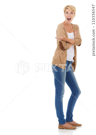 Happy woman, portrait and pointing in advertising or marketing on a white studio background. Female person, model or blonde smile and palm showing notification, alert or special offer on mockup space Happy woman, portrait and pointing in advertising or marketing on a white studio background. Female person, model or blonde smile and palm showing notification, alert or special offer on mockup space 110356547
