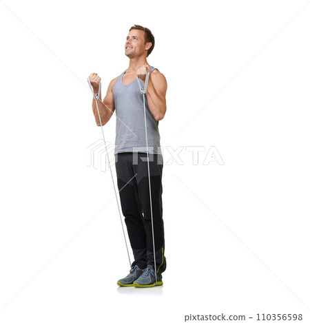 Stretching, man and resistance band to workout in studio, gym and bicep training to strong or muscle sculpt. Sports person, smile and exercise for commitment in mockup and fitness on white background Stretching, man and resistance band to workout in studio, gym and bicep training to strong or muscle sculpt. Sports person, smile and exercise for commitment in mockup and fitness on white background 110356598
