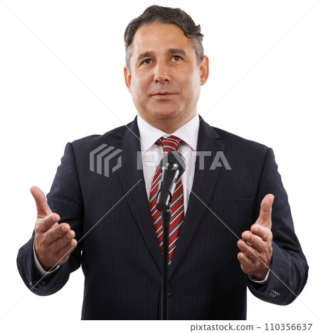 Microphone, speech and business man on a white background for presentation, speaker and seminar. Professional, public speaking and worker talking for conference, tradeshow and communication in studio Microphone, speech and business man on a white background for presentation, speaker and seminar. Professional, public speaking and worker talking for conference, tradeshow and communication in studio 110356637