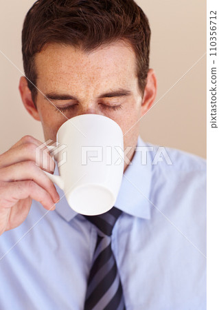 Coffee cup, face and business man drink hot chocolate, warm cacao liquid or morning wellness beverage. Eyes closed, espresso and relax corporate person with latte, cappuccino or matcha green tea mug 110356712