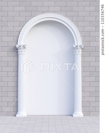 Elegant white arch with Corinthian style column decorated in a gray brick wall with empty frame for content 3d render 110356746