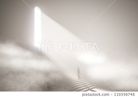 Business concept. A businessman is walking through a haze that is like a crisis. Climb the stairs to an exit with a bright light of hope, 3d render Business concept. A businessman is walking through a haze that is like a crisis. Climb the stairs to an exit with a bright light of hope, 3d render 110356748